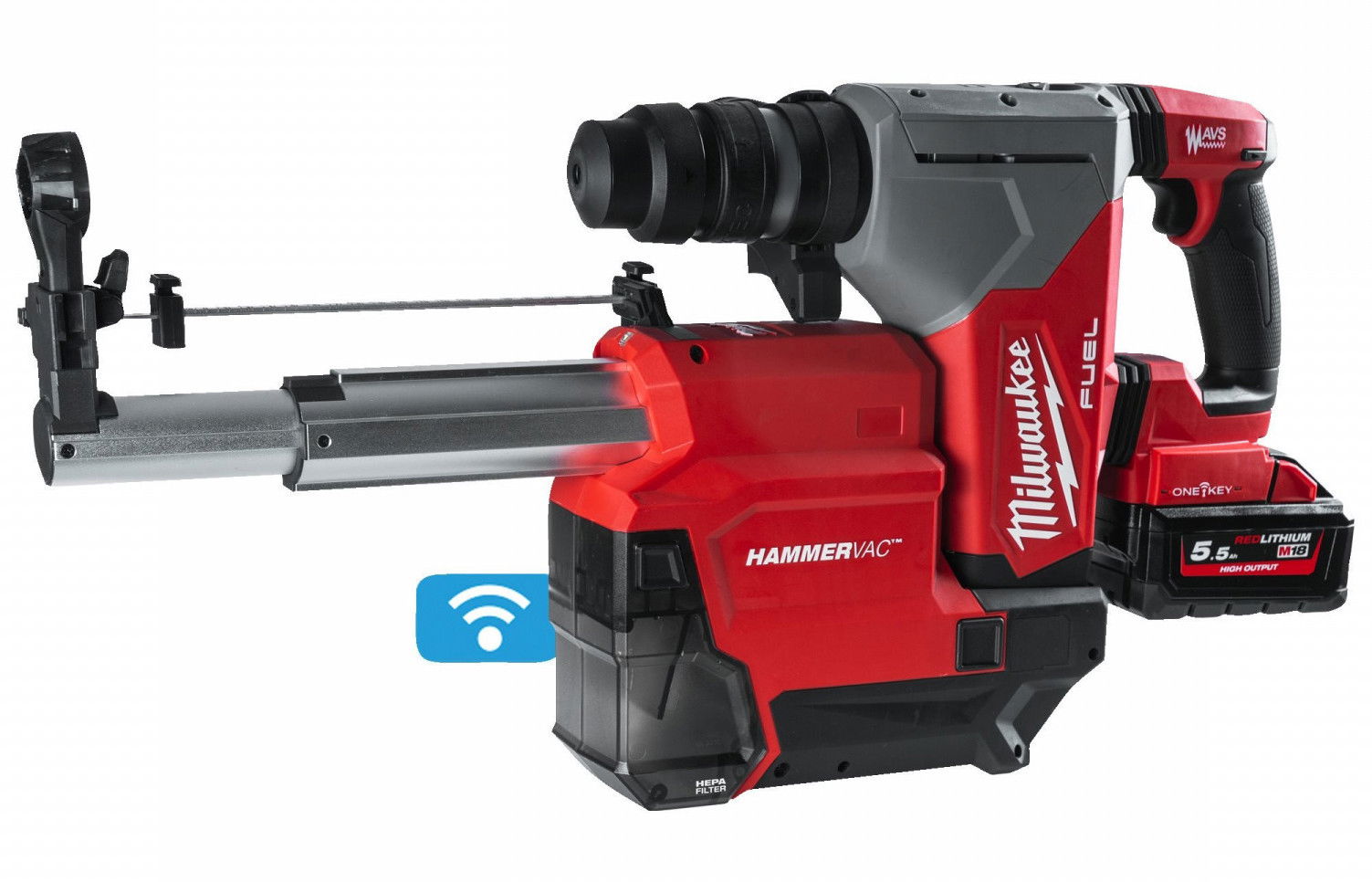 Milwaukee M18 ONEFHXDEL-552C akkus ONE-KEY™ FUEL™ SDS-plus fúró-vésőkalapács porelszívóval (2 x 5.5 Ah Li-ion akkuval, kofferben) termék fő termékképe