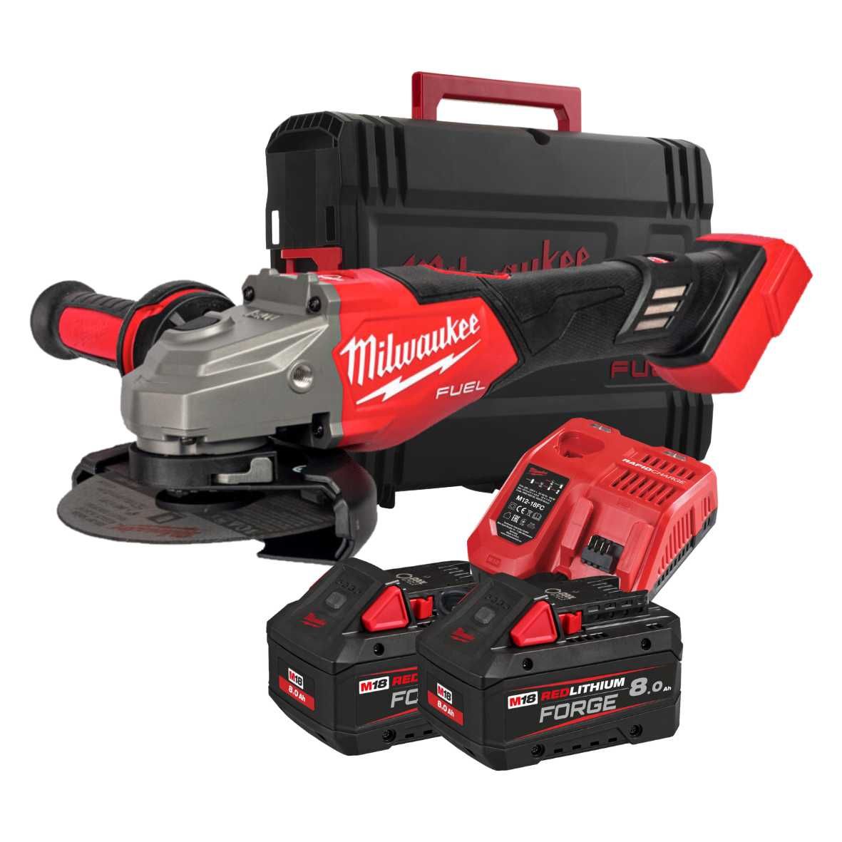 Milwaukee M18 FHSAG125XB2-802X FUEL™ nagy teljesítményű 125 mm sarokcsiszoló fékező funkcióval és csúsztatható kapcsolóval termék fő termékképe